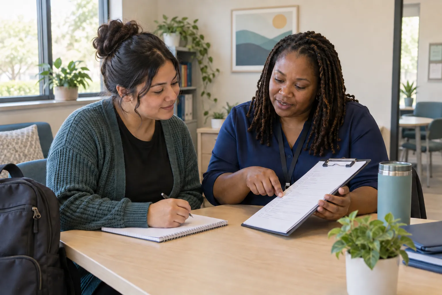 An adult new hire and trainer review an onboarding checklist together.