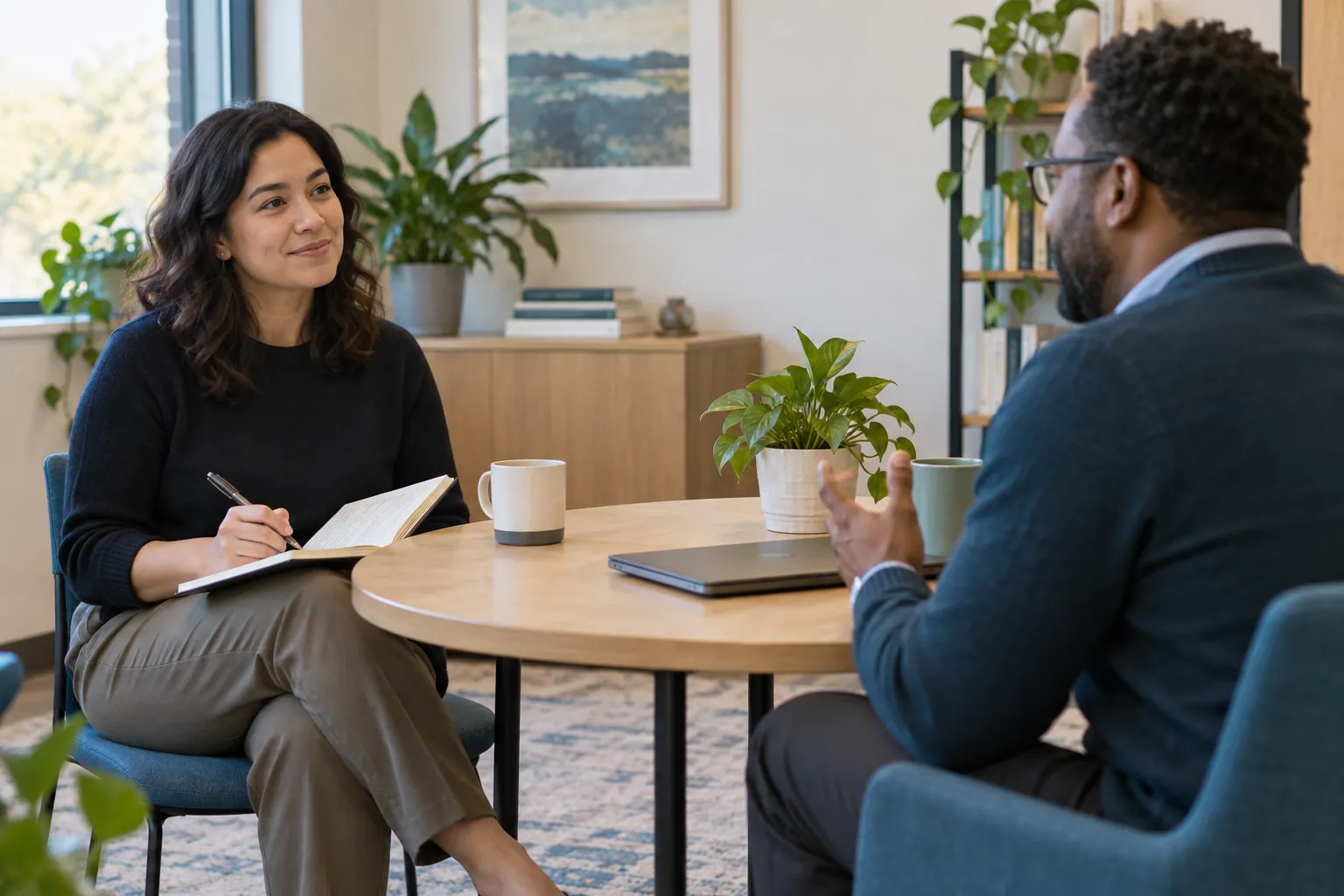 Two adult colleagues talk through interview notes at a table.