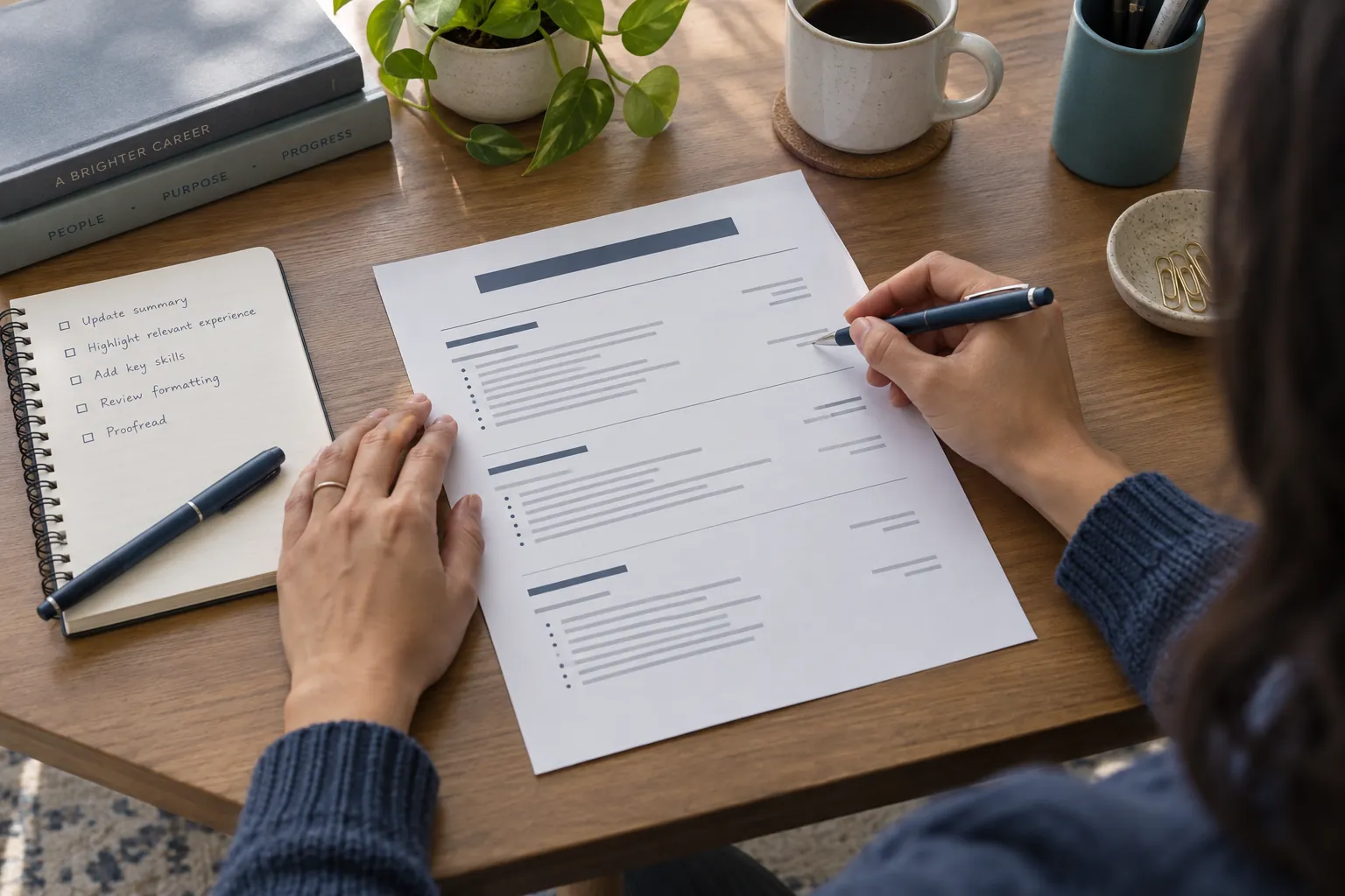 A candidate reviews a résumé draft and a short editing checklist at a desk.